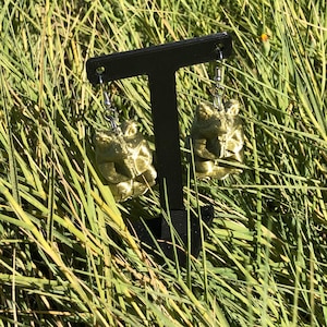 May include: A pair of gold-colored frog earrings. The earrings are hanging from silver-colored hooks and are displayed on a black stand against a backdrop of green grass. The frogs are in a seated position with their hands clasped.