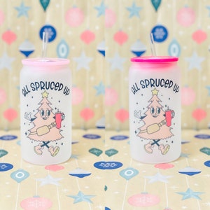 All Spruced Up Cup, Christmas Glass Can, Pink Christmas, 16 Glass Can, Pink Christmas Tree Cup