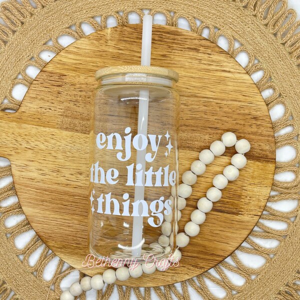 Enjoy the little things can glass, Can glass with bamboo lid, Positive Quote, Happy Things, Cute Can Glass, Pretty Cup, Gift Ideas