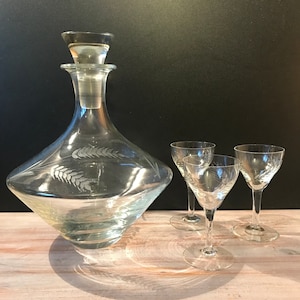 Antique Carafe, decanter with bell jar and 3 glasses,