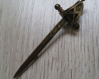 Gilded Tie Pin or Brooch, Sword with Shield, Free Mason style