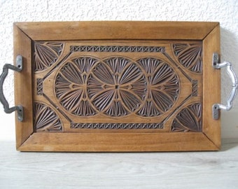 Antique hand carved serving tray, wood, Art Deco