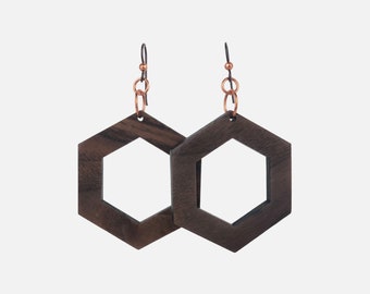 Hypoallergenic Hoop Earrings / Unique Hoop Earrings / Open Hexagon Wood Earrings with Square Corners (40)