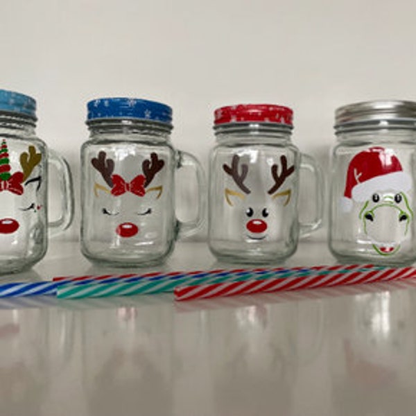 Christmas Drinking Jar | Reindeer Drinking Jar | Christmas Unicorn Drinking Jar | Christmas Dino Drinking Jar | 450ml Drinking Jar & Straw