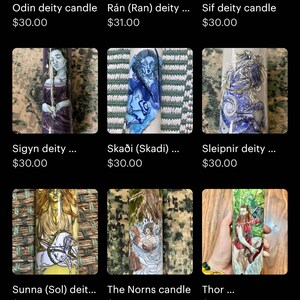 May include: A collection of candles featuring Norse gods and goddesses. The candles are decorated with hand-painted illustrations of various deities, including Odin, Ran, Sif, Sigyn, Skadi, Sleipnir, Sunna, the Norns, Thor, and Tyr. The candles are all in a similar style, with a white background and colorful illustrations.