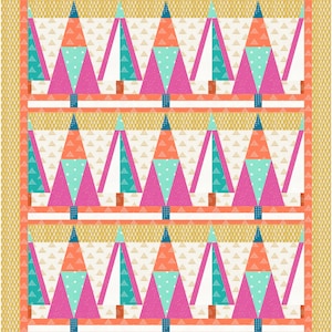 May include: A repeating pattern of colorful triangle shapes in a geometric design. The triangles are arranged in rows of six, with each row offset from the previous row. The colors used are teal, pink, orange, and white.