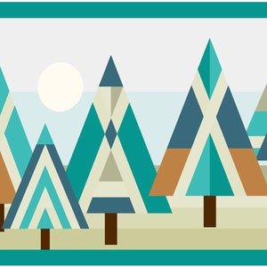 Pode incluir: Design geométrico abstrato de uma floresta com árvores verde-azuladas, marrons e brancas contra um céu azul claro com um sol branco.
