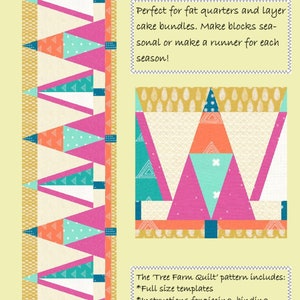 Op de afbeelding: Een quiltpatroon voor een tafelloper met een boomontwerp met verschillende kleurrijke stoffen. Het patroon bevat sjablonen op ware grootte, instructies voor het quilten, binden en afwerken, diagrammen en snijgrafieken, een pagina voor het plannen van stoffen en tips voor het snijden en naaien. De afgewerkte tafelloper is 48 inch bij 14 inch.