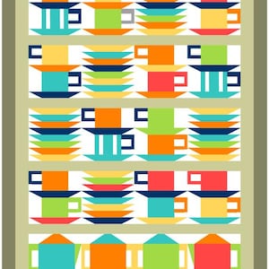 May include: A colorful, geometric illustration of a cabinet filled with stacked teacups and saucers. The teacups and saucers are in various colors, including orange, green, blue, and red. The bottom shelf features teapots in similar colors.