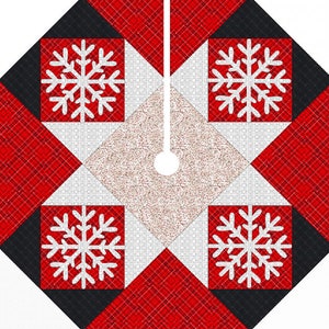 May include: Red and black tartan Christmas tree skirt with white snowflakes. The skirt has a hole in the centre for the tree stand.