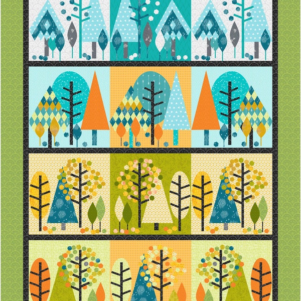 4 Seasons Large Quilt, 54" x 69", Scandinavian design, Nordic, modern scrappy quilt, applique quilt, trees, modern art quilt, nature
