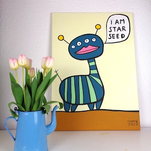 pintura acrílica pintada a mano / Soy semilla estelar / extraterrestre divertido / pintura original para niños con pintura acrílica sobre lienzo / único / hecho a mano