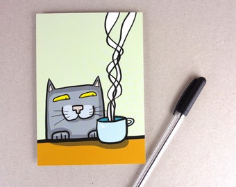 cat and coffee/ postcard  / greeting card for cat owners who love coffee / A6 / portrait format /  300 g paper