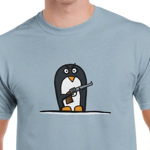 penguin with colt / unisex cotton Tshirt with funny print / round neck Tshirt 100 % cotton / funny penguin design for cute cowboys
