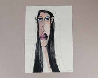 handmade picture / female portrait with long neck / original painting with acrylic colours on vanilla coloured paper / singleton