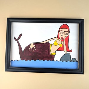 image peinte à la main / sirène drôle et endormie / peinture originale adaptée aux enfants avec peinture acrylique et marqueur sur papier blanc / unique