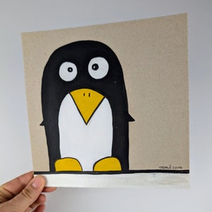 pingüino divertido / mural pintado a mano / pintura original hecha a mano para niños con pintura acrílica sobre cartón / imagen de pingüino pieza única