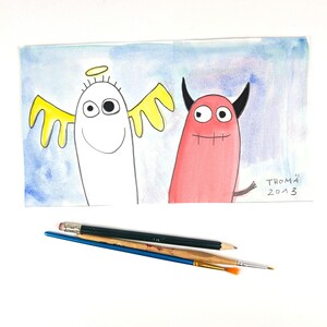 handmade picture / angel & devil / original painting with tempera colours and pencil on white paper / singleton / children suitable wall art