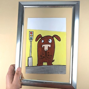 handmade picture / funny dog waiting at the traffic light / painting with acrylic colours on white paper / singleton / children suitable