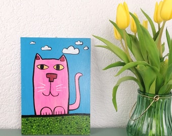 rosa Katze / kindergerechte Originalmalerei mit Acrylfarbe auf Holz / Einzelstück / handgemaltes Bild fürs Kinderzimmer