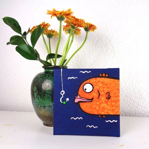 handmade acrylic painting / fishing hook and fish / original painting / acrylics on canvas