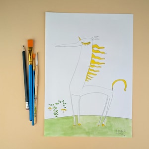 handmade picture / white unicorn / cute painting with acrylic colours on white paper / singleton / childrensuitable wall art with unicorn