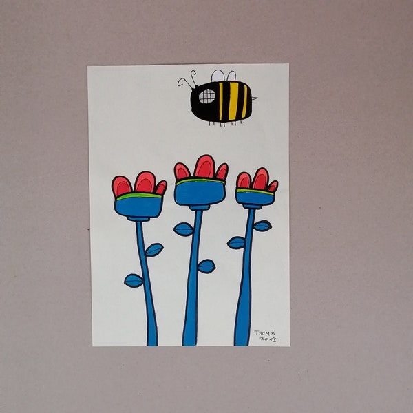 Tableau peint à la main / Abeilles et fleurs / Peinture originale avec peinture acrylique et marqueurs sur papier vanillé / Pièce unique