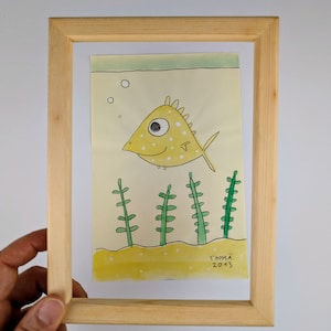 handmade picture / funny fish / painting with tempera colours on vanilla coloured paper / singleton / cute fish / children suitable wall art