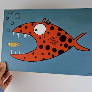 Raubfisch  / kindergerechtes Wandbild / handgemachte Malerei mit Acrylfarbe auf Karton / lustiges Fischbild / handgemaltes Einzelstück