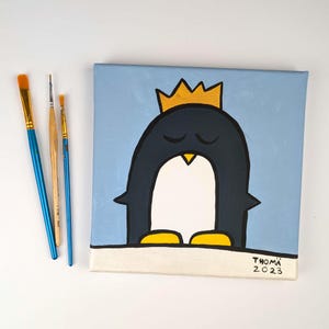 Pintura acrílica pintada a mano / pingüino con corona / pintura para niños con pintura acrílica sobre lienzo / única / única / hecha a mano / mural