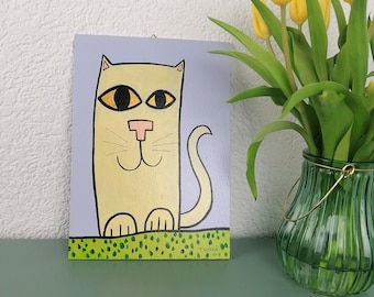 süße Katze / kindergerechte Originalmalerei mit Acrylfarbe auf Holz / Einzelstück / handgemaltes Bild fürs Kinderzimmer