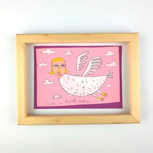 handmade picture / Birdwoman / original painting with tempera colour and pencil on neon pink coloured paper / singleton
