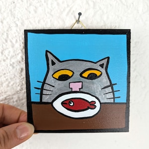 Chat avec poisson / Peinture originale adaptée aux enfants avec peinture acrylique sur bois / pièce unique / tableau peint à la main pour la chambre des enfants / petite image