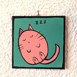 Chat endormi / Peinture originale adaptée aux enfants avec peinture acrylique sur bois / pièce unique / tableau peint à la main pour la chambre des enfants / petite image