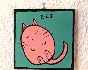 Gato durmiendo / cuadro original apto para niños con pintura acrílica sobre madera / pieza única / cuadro pintado a mano para la habitación de los niños / cuadro pequeño