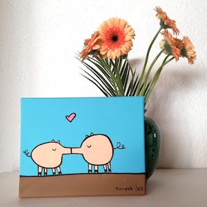 Cuadro acrílico pintado a mano / cerdos enamorados / cuadro original apto para niños con pintura acrílica sobre lienzo / único / pieza única / hecho a mano