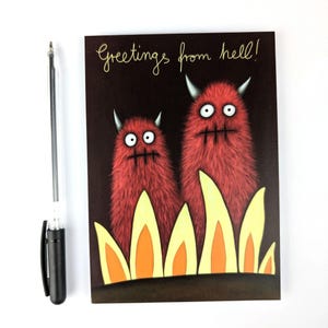 greetings from hell / postcard / greeting card with cute devils / A6 / portrait format / 300 g paper / matt print / children suitable