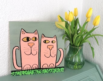 roze katten / kindvriendelijk origineel schilderij met acrylverf op hout / uniek stuk / handgeschilderde afbeelding voor de kinderkamer