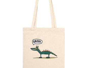 GRRR / dragón gruñendo / bolsa de algodón impresa / bolso de mano clásico / bolso de mano divertido con dragón malvado / dragón lindo