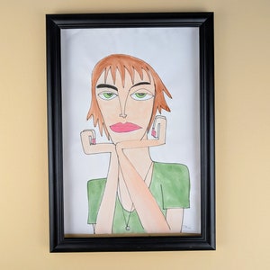 handmade picture / red-brown haired woman portrait / painting with acrylic colours & marker on paper / singleton / handpainted wall art