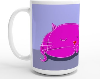 slapende roze kat / grote keramische mok / 425ml / 15oz / bedrukte koffiemok / schattige roze kattenmok / grote koffiemok