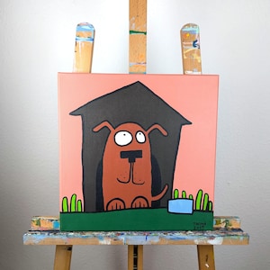 handmade acrylic painting / dog and house / child oriented original canvas art/ singleton