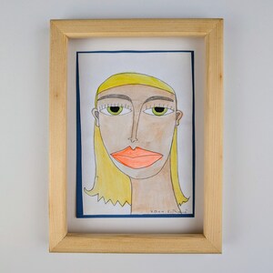 quadro pintado à mão / retrato feminino, loira / pintura original com tinta acrílica e lápis sobre papel branco / peça única feita à mão