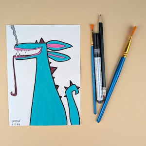 handgemaltes Bild / lustiger Drache / kindergerechte original Malerei mit Acrylfarbe und Marker auf weißem Papier / Unikat / Einzelstück