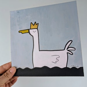 lindo pato con corona / mural apto para niños / cuadro original hecho a mano con pintura acrílica sobre cartón / cuadro pintado a mano / pieza única