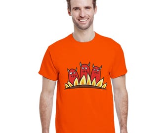 3 cute devils in hell design on unisex t-shirt / cotton t-shirt with funny devil print / round neck t-shirt 100 % cotton