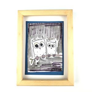 handgemaltes Bild / Eulen bei Nacht / Zeichnung mit Bleistift, Buntstift und Filzstift auf weißem Papier / Unikat / kindergerechte Kunst