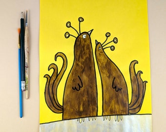 手描きの絵 / 面白いクジャク / 黄色の紙にアクリル絵の具とマーカーを