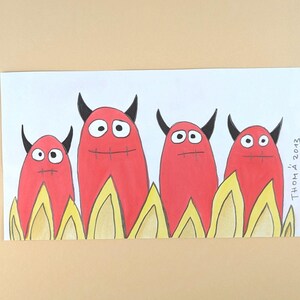 handmade picture / cute devils / original painting with tempera colours and pencil on white paper / singleton / children suitable wall art