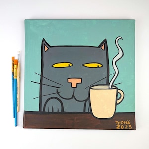 cuadro acrílico pintado a mano / gato con café / divertido cuadro original con pintura acrílica sobre lienzo / único / pieza única / hecho a mano